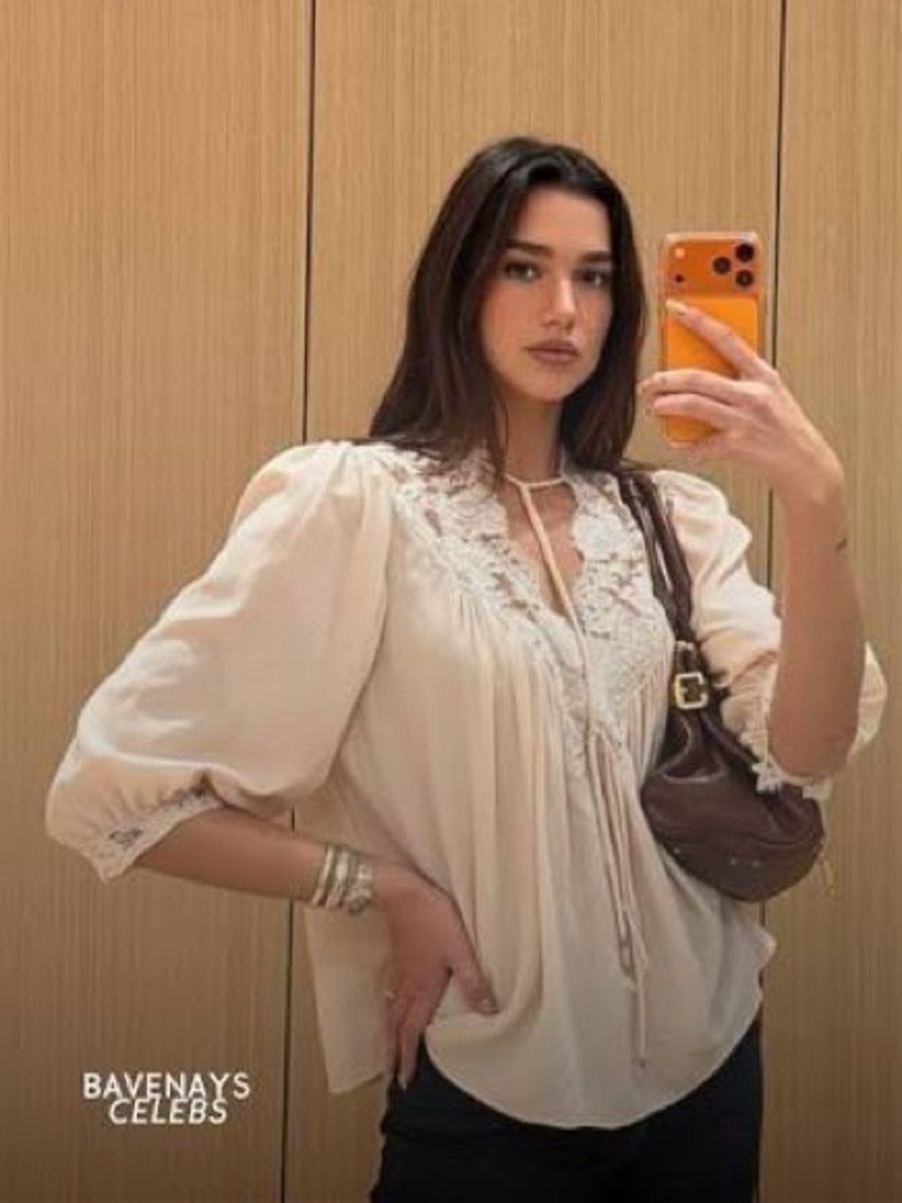 Chloe Pale Blush Lace-Trim Tie-Neck Peasant Blouse